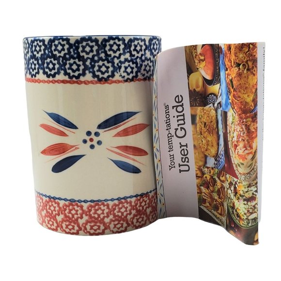 NEW Temptations Utensil Holder Crock Old World Blue Hand Painted Brochure - Picture 4 of 9